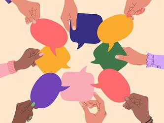 illustration - selection of hands hold up different coloured speech bubbles